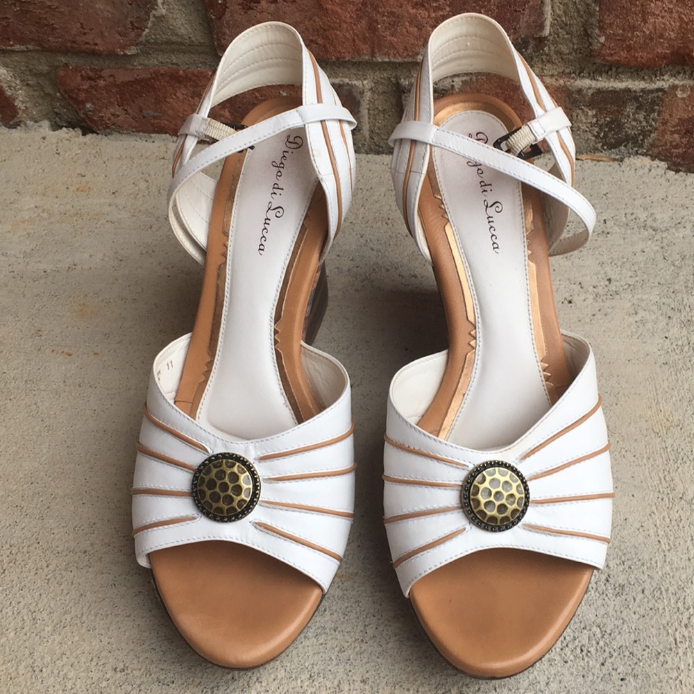 Diego di Lucca White Striped Leather Wedges Sz 11